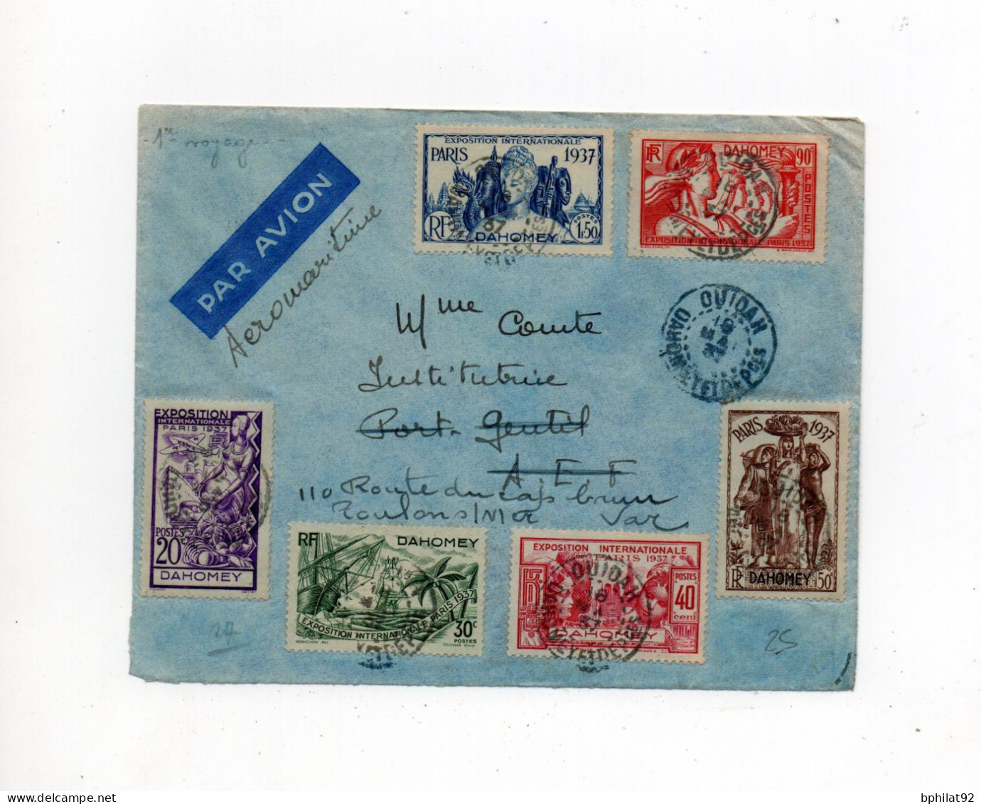 !!! DAHOMEY, SERIE EXPO 1937 SUR LETTRE DE OUIDAH CACHET 1ER VOYAGE AEROMARITIME SENEGAL - CONGO MAI 1937 - Cartas & Documentos