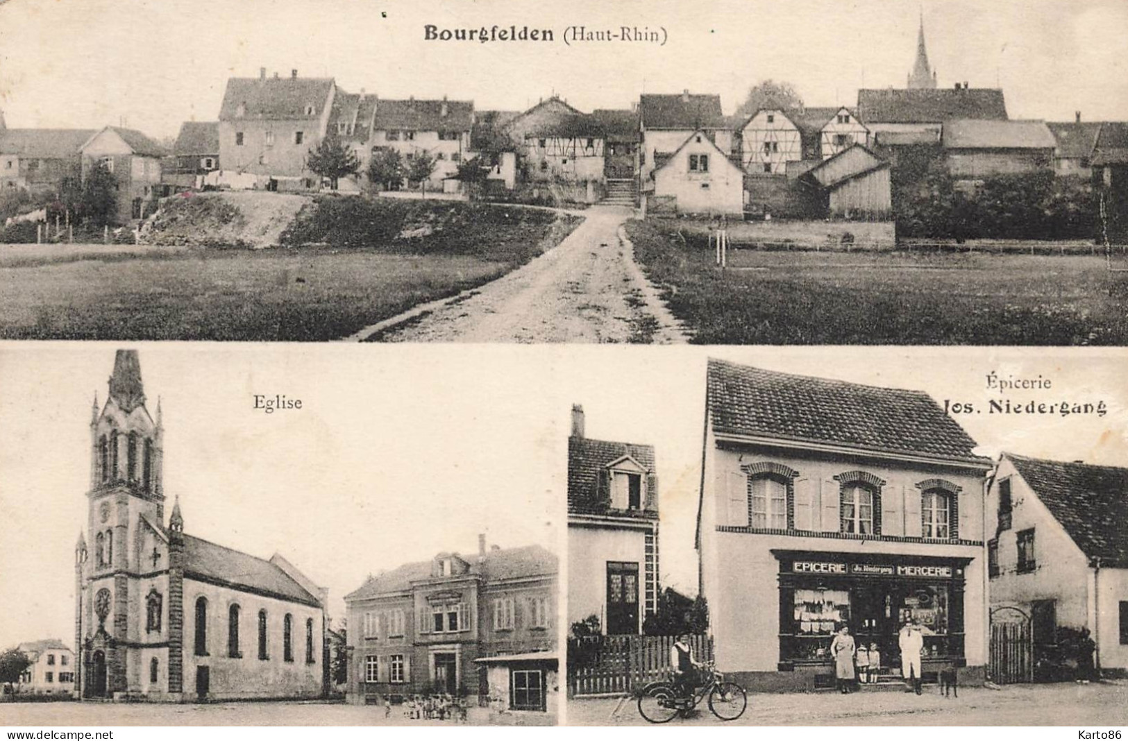 Bourgfelden , St Louis * Gruss Souvenir 3 Vues Du Village * Epicerie Jos. NIEDERGANG , Route & église - Saint Louis