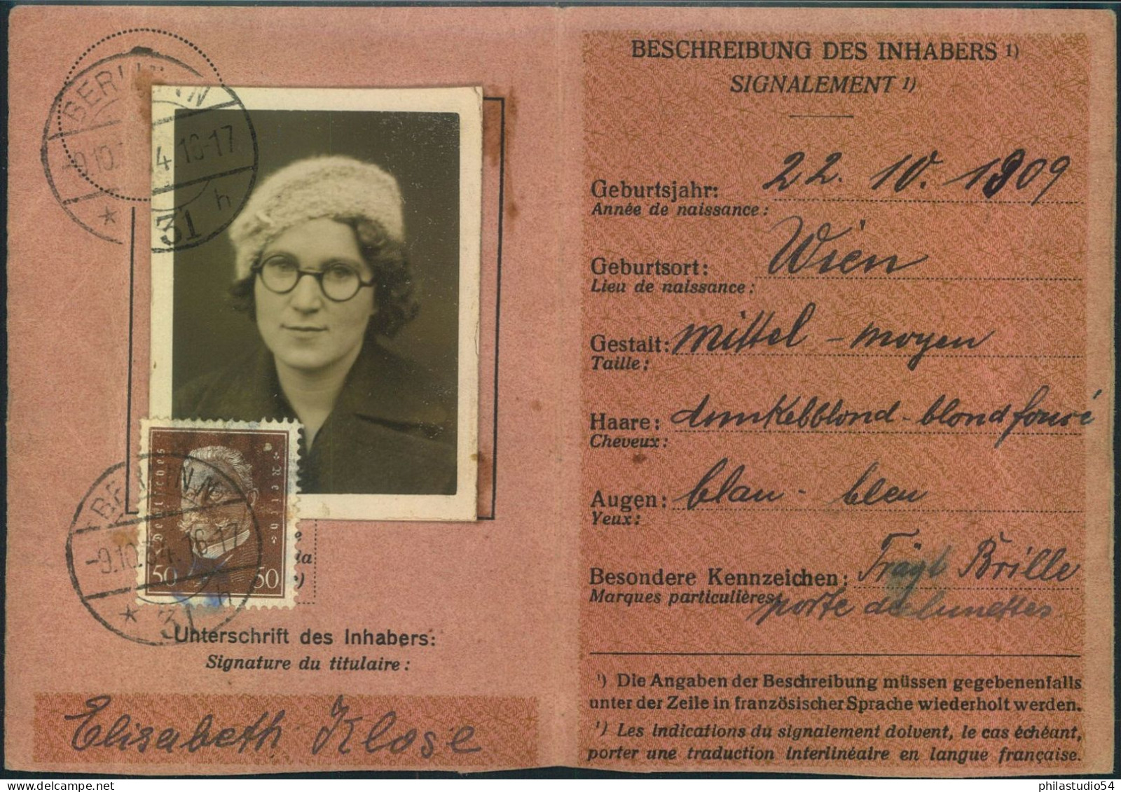 1934, Postausweiskarte Frankiert Mit 50 Pfg. Hindenburg, Ausgestellt "BERLIN N31 -9.10.34". - Covers & Documents