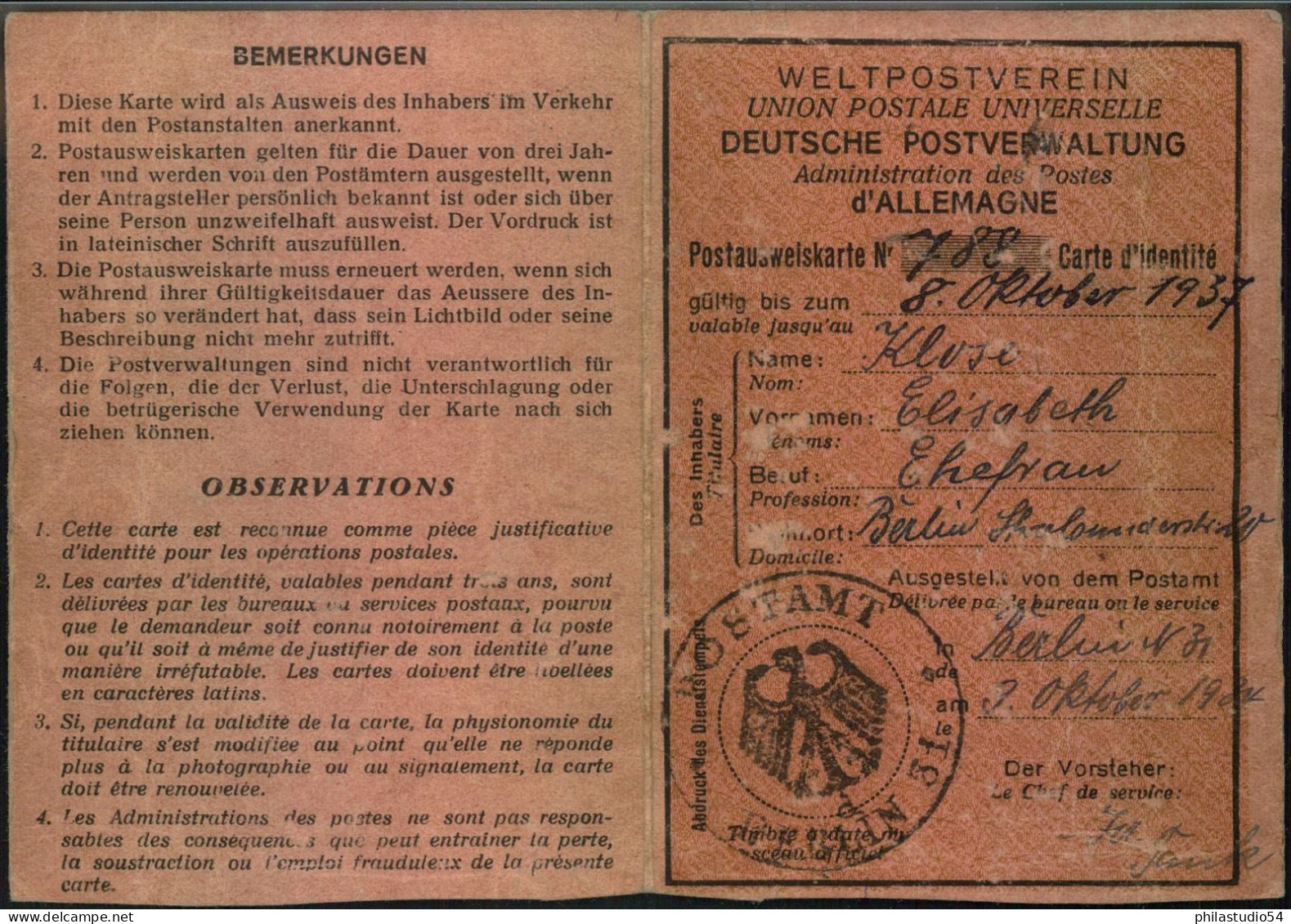 1934, Postausweiskarte Frankiert Mit 50 Pfg. Hindenburg, Ausgestellt "BERLIN N31 -9.10.34". - Brieven En Documenten