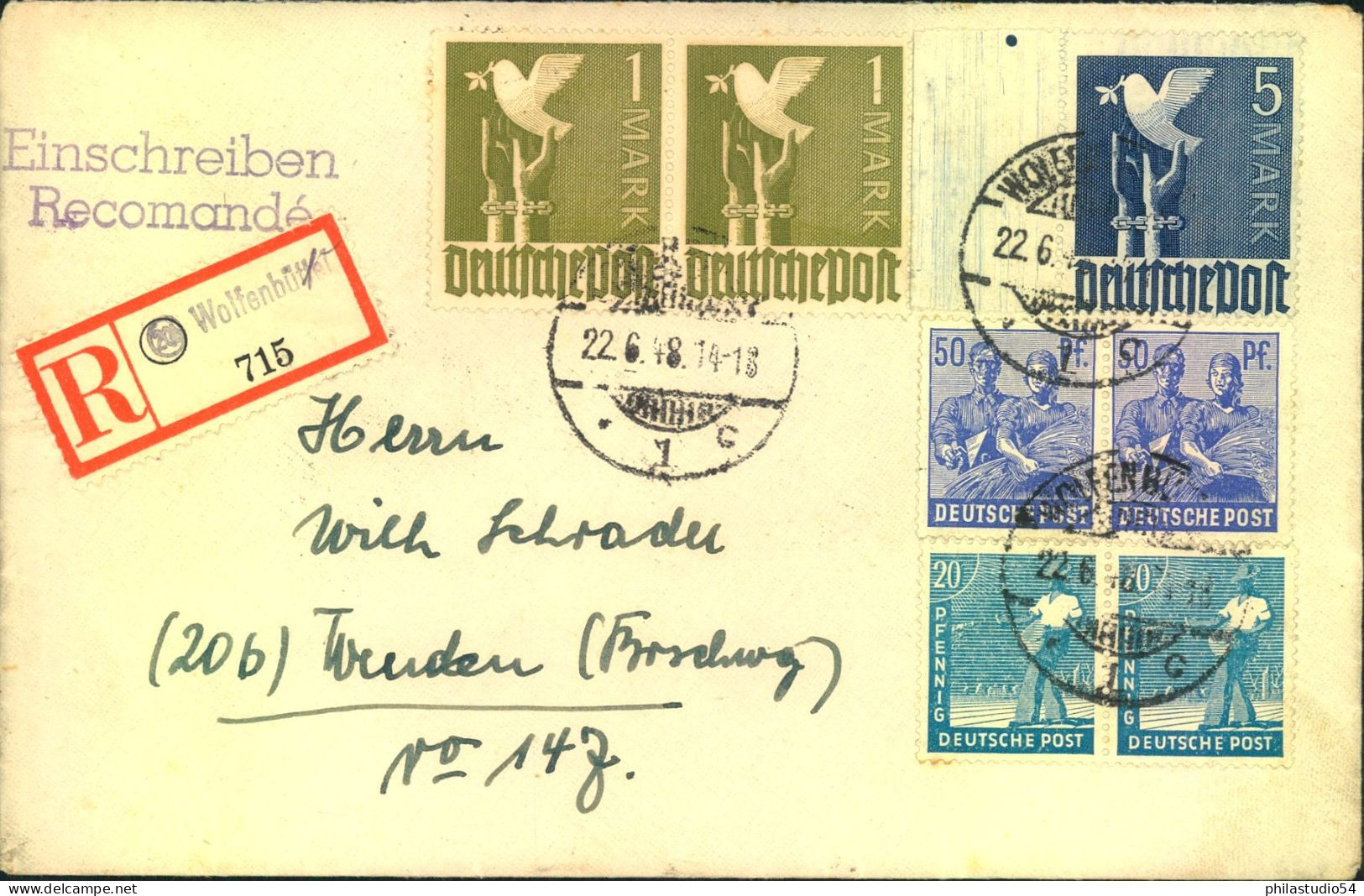 1948. ZEHNFACHFRANKATUR: Portogerechter R-Brief Mit 5 Mark Taube In Mischfrankatur Ab "WOLFSBURG 1 22.6.48 - Sonstige & Ohne Zuordnung