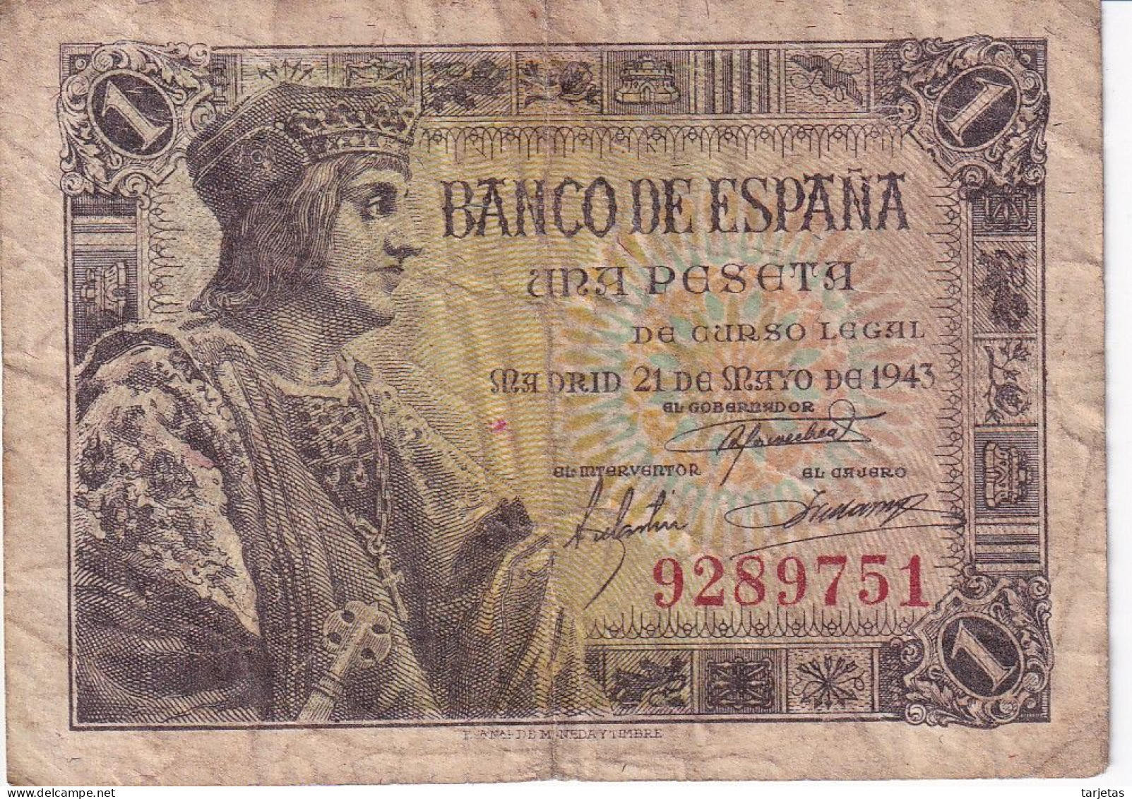 BILLETE DE ESPAÑA DE 1 PTA  DEL AÑO 1943 SIN SERIE (BANKNOTE) FERNANDO EL CATOLICO - 1-2 Peseten