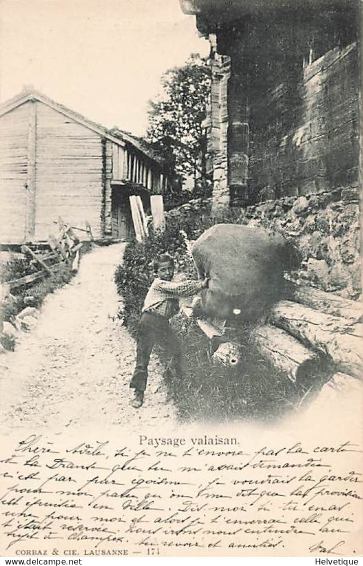 Paysage Valaisan Enfant Sac De Foin Valais 1900 Wallis Walliser Landschaft Vuillage Dorf  Cachet Martigny - Martigny