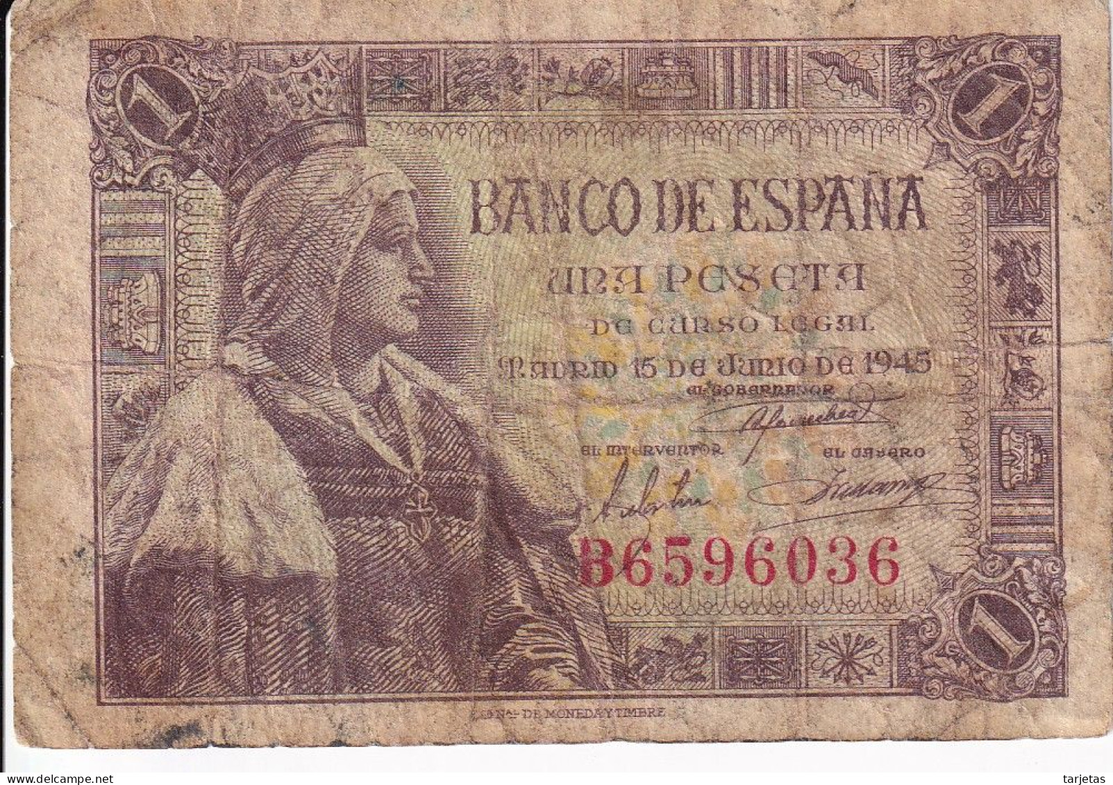 BILLETE DE ESPAÑA DE 1 PTA DEL 15/06/1945 ISABEL LA CATÓLICA SERIE B (BANK NOTE) - 1-2 Peseten