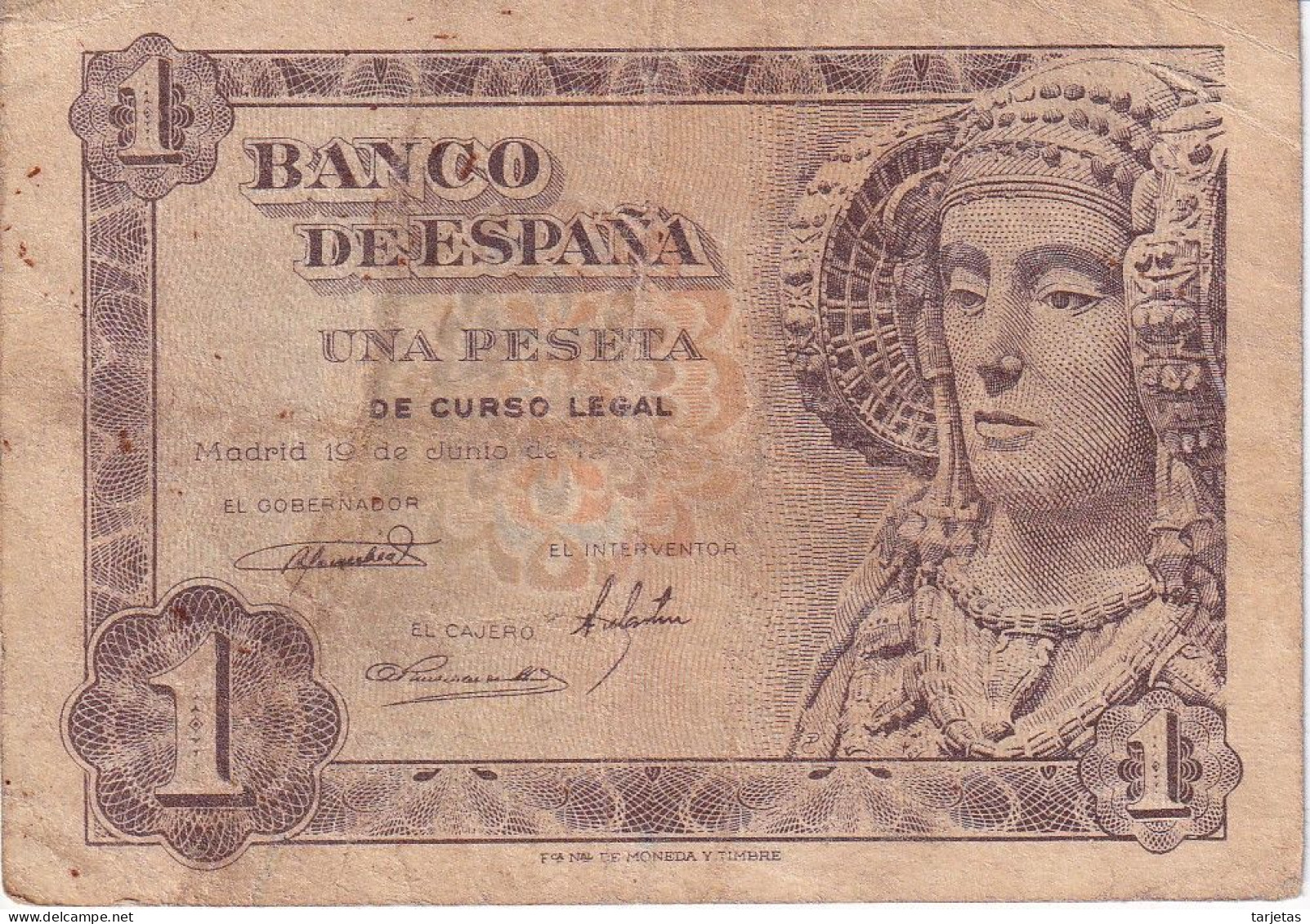 BILLETE DE 1 PTA DEL AÑO 1948 SIN SERIE SIN - DAMA DE ELCHE  (BANKNOTE) - 1-2 Peseten