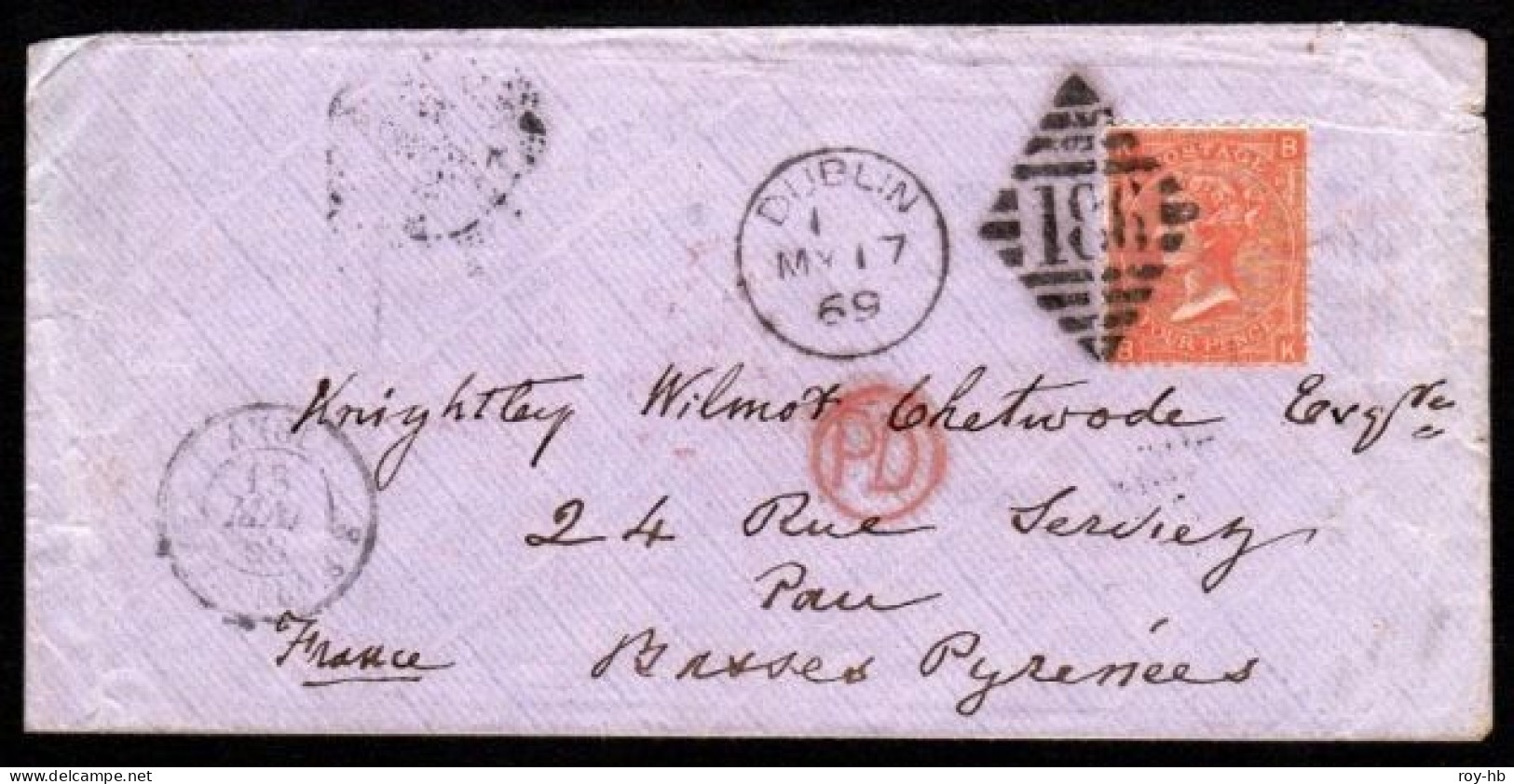 1869 Flimsy Cover Addressed To Pau (Fr. Pyrinees) Franked With Wmk. Large Garter 4d Vermillion Pl. 10 (RR!) - Préphilatélie