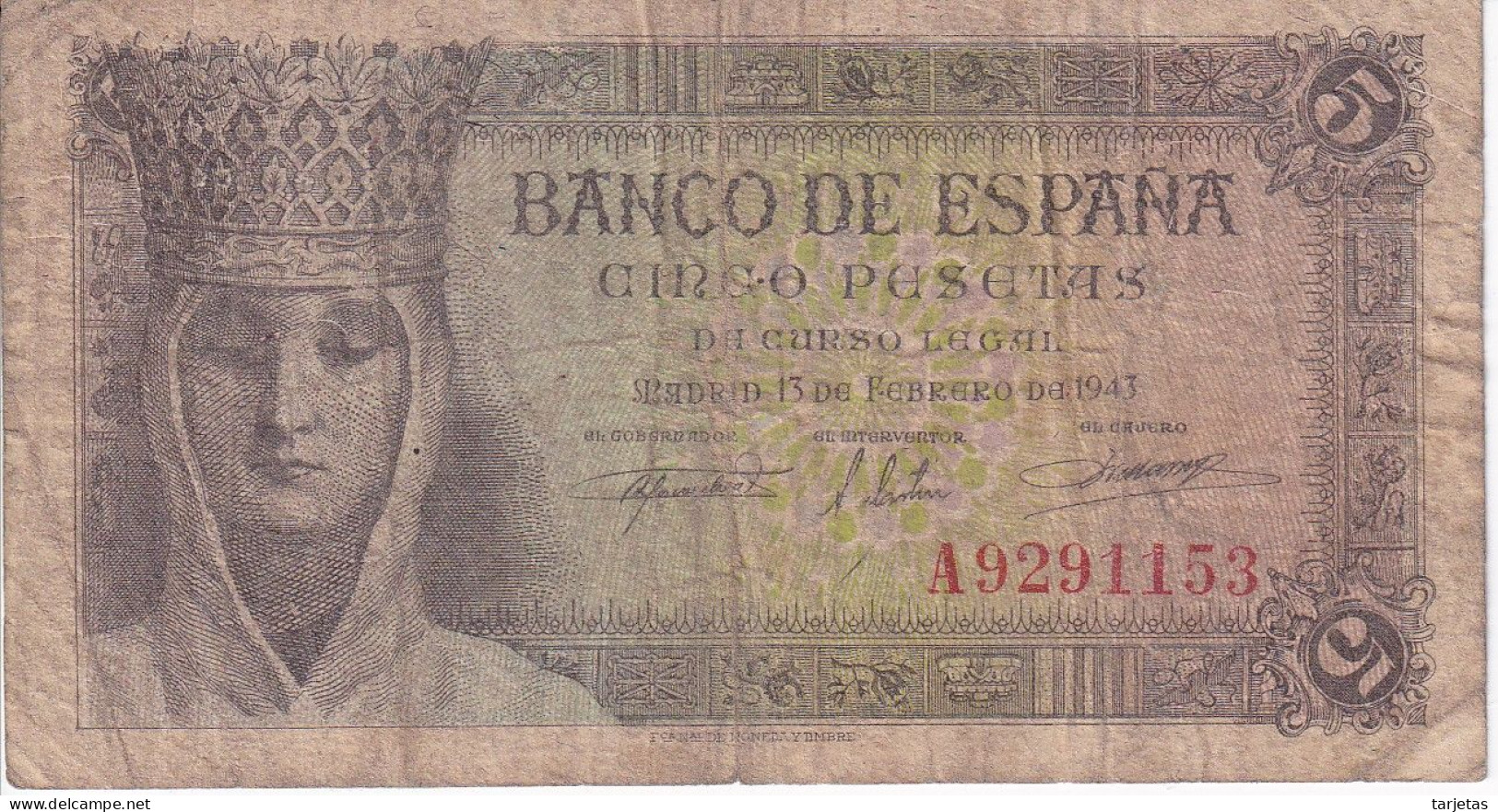 BILLETE DE ESPAÑA DE 5 PTAS DEL 13/02/1943 SERIE A  CALIDAD RC  (BANKNOTE) - 5 Pesetas