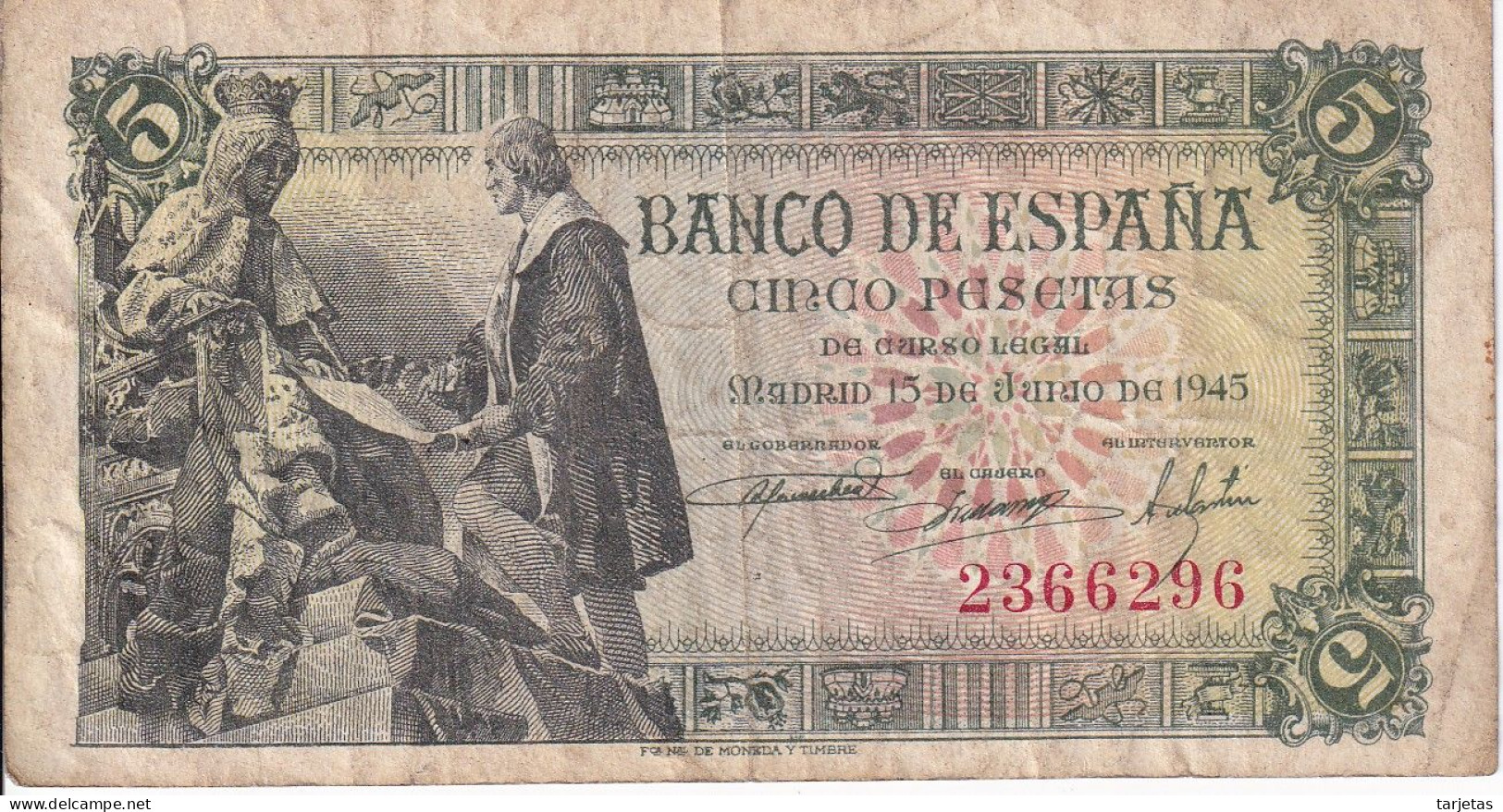 BILLETE DE ESPAÑA DE 5 PTAS DEL 15/06/1945 SIN SERIE  (BANKNOTE) RARO - 5 Pesetas