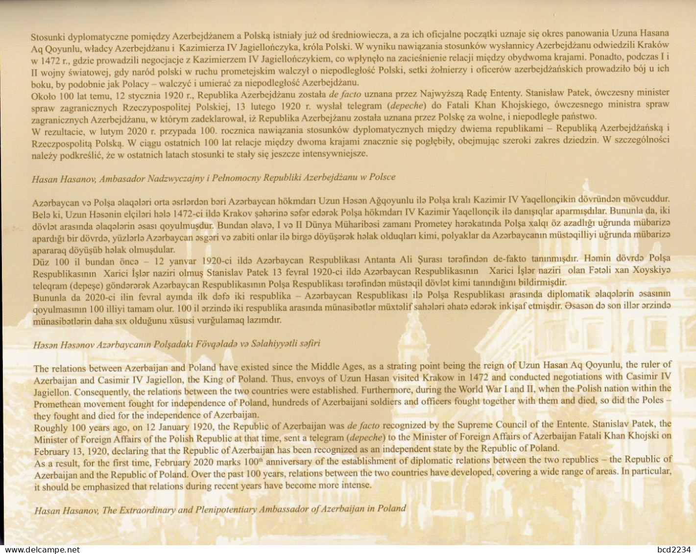 POLAND 2020 POLISH POST OFFICE SPECIAL LIMITED EDITION FOLDER: 100TH ANNIV OF POLISH AZERBAIJAN DIPLOMATIC RELATIONS - Cartas & Documentos