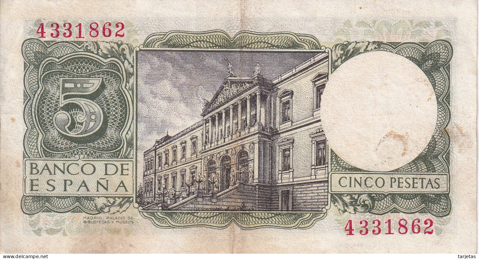 BILLETE DE 5 PTAS DEL AÑO 1954 DE ALFONSO X SIN SERIE  (BANKNOTE) - 5 Peseten