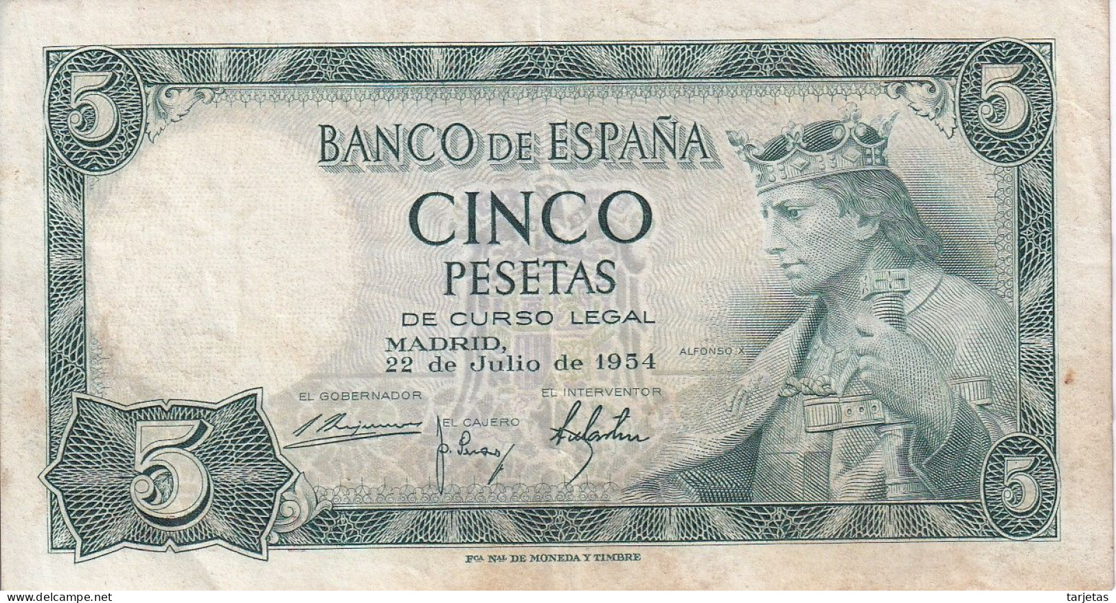 BILLETE DE 5 PTAS DEL AÑO 1954 DE ALFONSO X SIN SERIE  (BANKNOTE) - 5 Pesetas