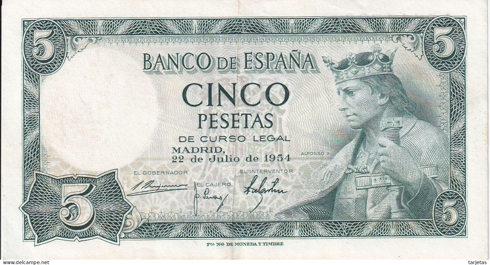 BILLETE DE 5 PTAS DEL AÑO 1954 SERIE A DE ALFONSO X EN CALIDAD EBC (XF) (BANKNOTE) - 5 Pesetas