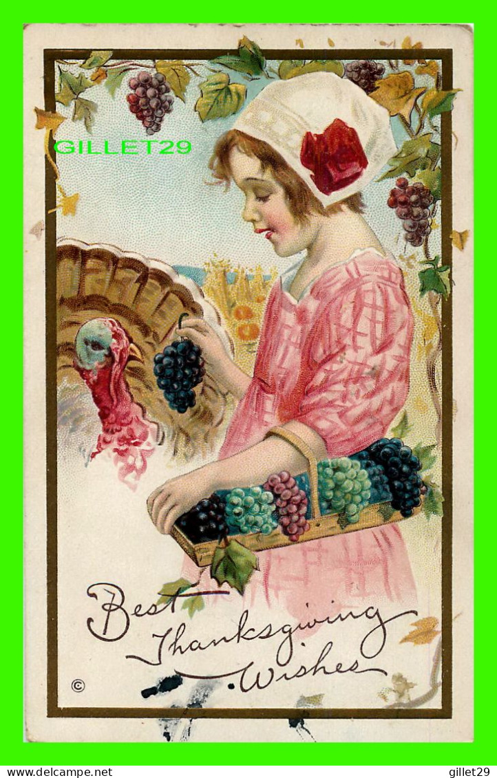 THANKSGIVING - TRAVEL - EMBOSSED - GIRL GIVING BUNCH OF GRAPES TO A  TURKEY - - Thanksgiving