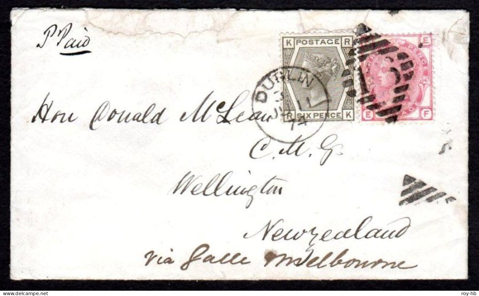 1874 Cover From Dublin To Wellington (NZ) With Wmk. Spray 3d Pl.14 And 6d Grey Pl.13 - Préphilatélie