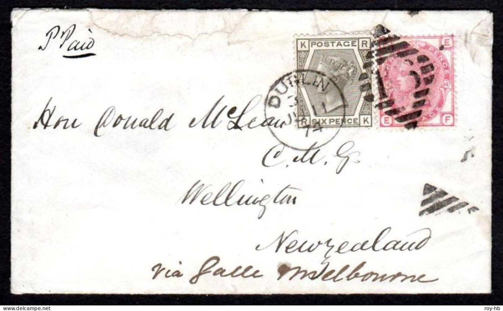 1874 Cover From Dublin To Wellington (NZ) With Wmk. Spray 3d Pl.14 And 6d Grey Pl.13 - Prefilatelia