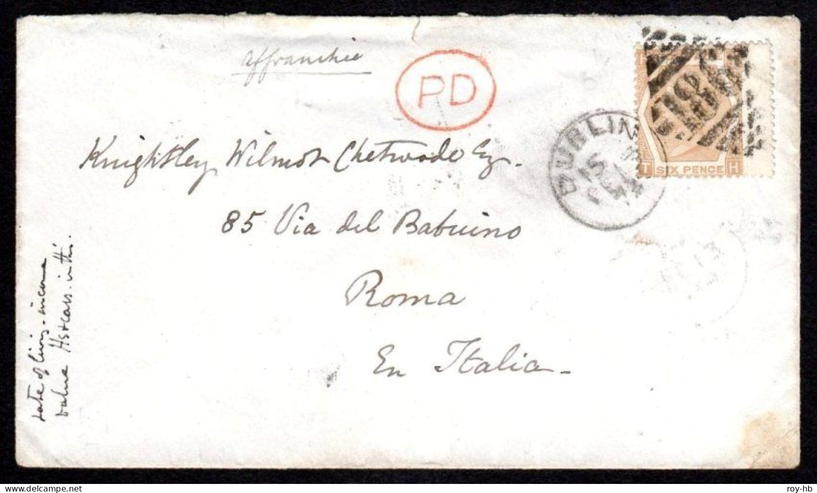 1872 Cover To Rome With 6d Pale Chestnut From Pl.11 Tied By Dublin Duplex, Very Clean, Minute Docketing Left - Prefilatelia