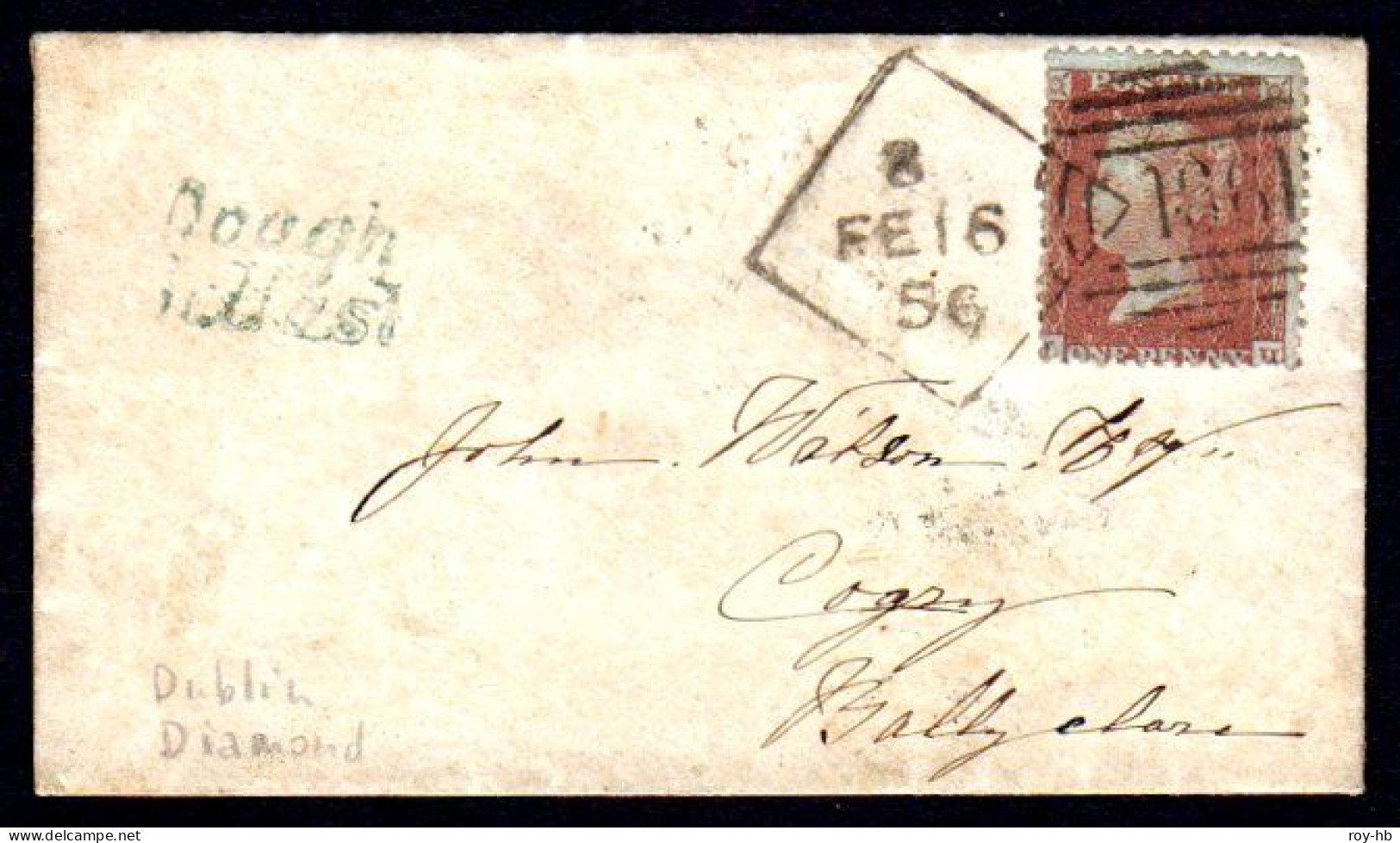 1856 Tiny Cover To Ballyclare With 1d Red On Deeply Blued, P.14, Tied By Very Fine Dublin "Spoon" Code "8" With 3 Arcs - Vorphilatelie