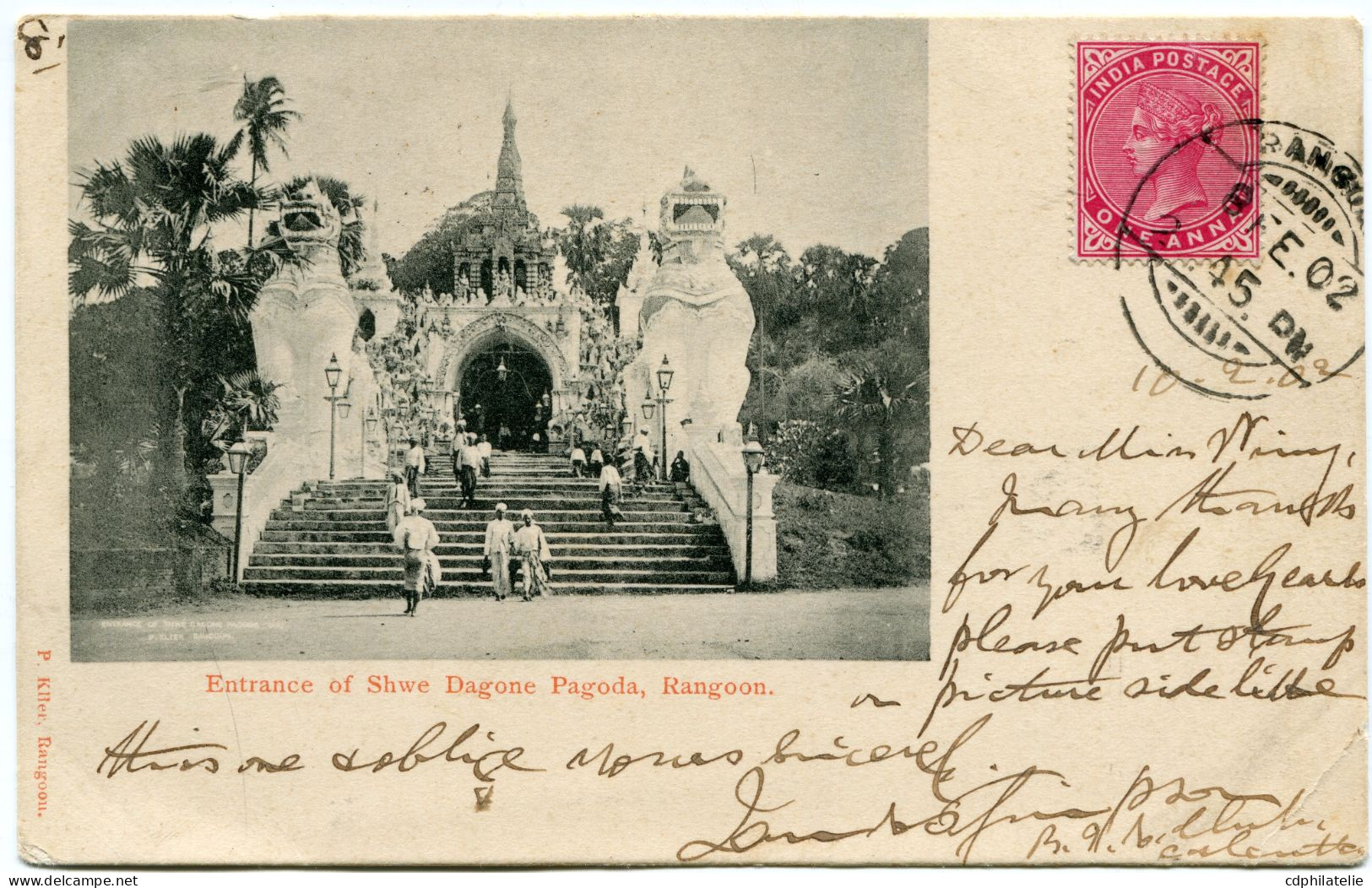 BIRMANIE CARTE POSTALE -ENTRANCE OF SHWE DAGONE PAGODA RANGOON DEPART RANGOON 8 FE 02 POUR L'ITALIE - Burma (...-1947)