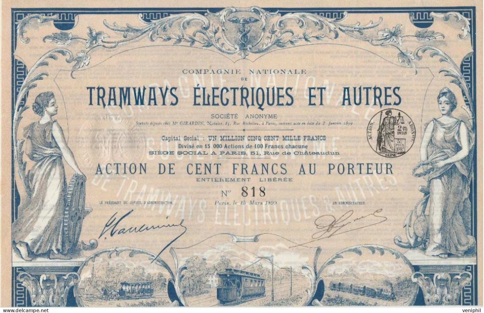 TRAMWAYS ELECTRIQUES ET AUTRES -TRES BELLE ACTION ILLUSTREE DE 100 FRS -ANNEE 1899 - Spoorwegen En Trams