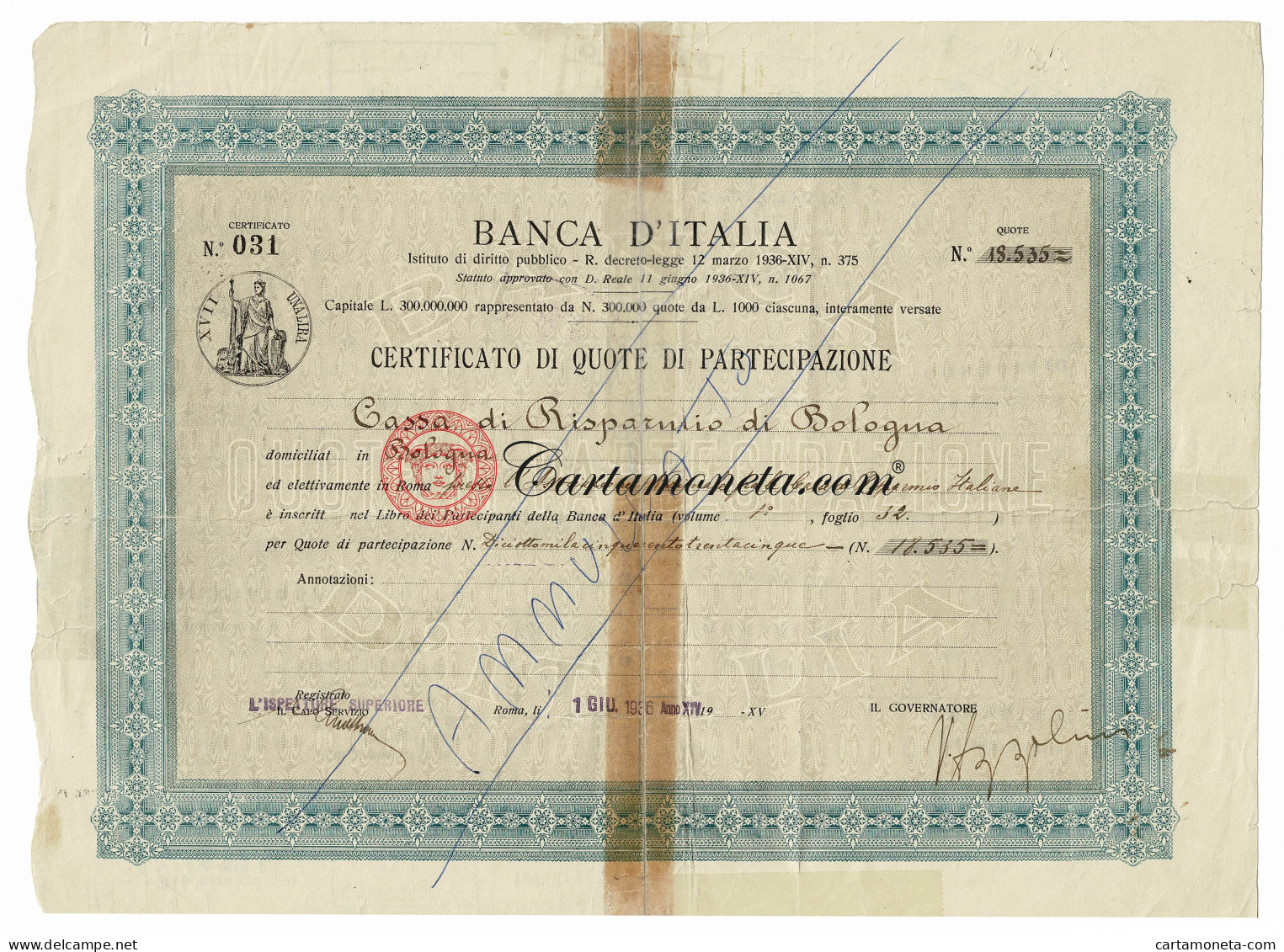 18535 QUOTE CERTIFICATO DI QUOTE PARTECIPAZIONE BANCA D'ITALIA 01/06/1936 MB/BB - [ 7] Errores & Variedades