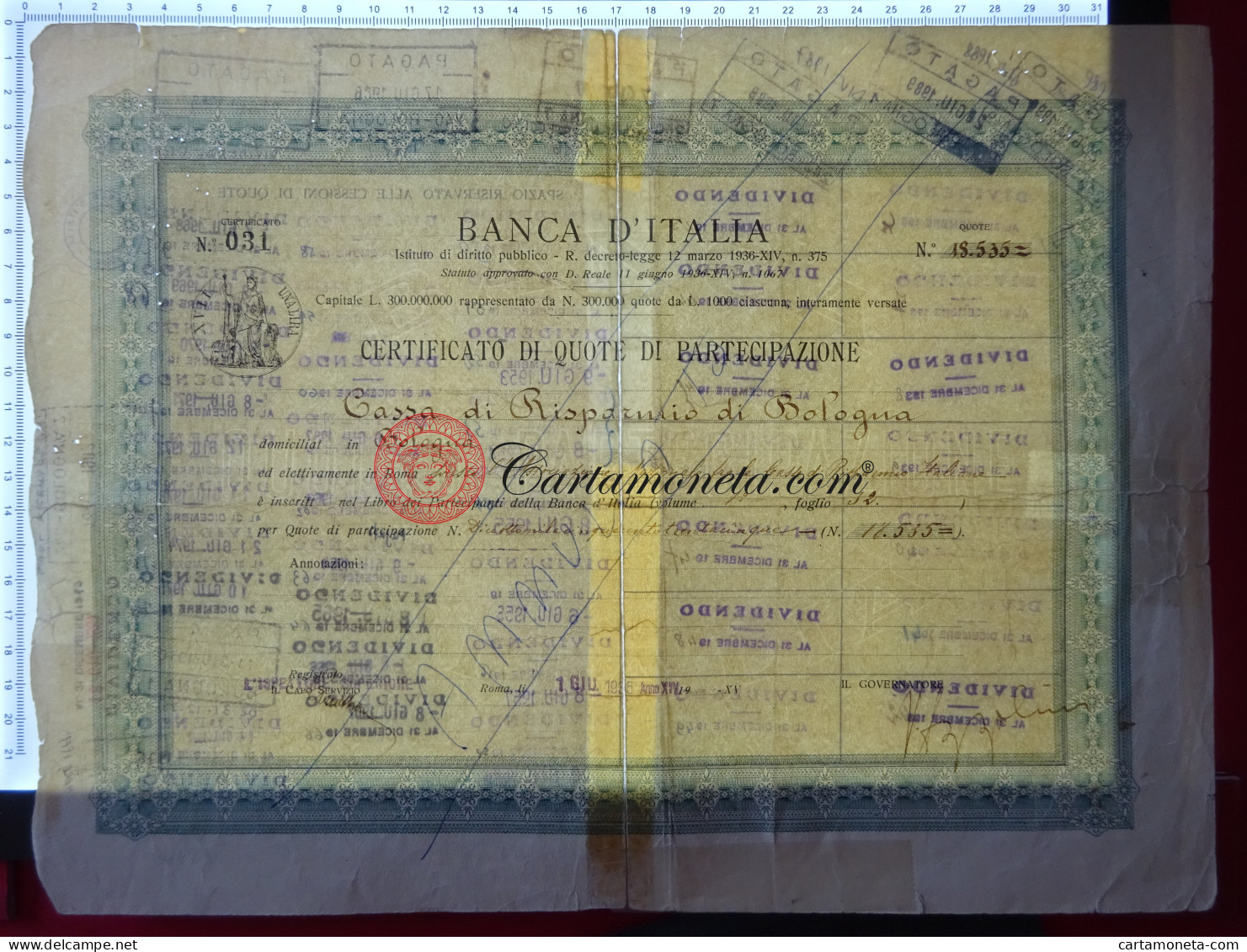 18535 QUOTE CERTIFICATO DI QUOTE PARTECIPAZIONE BANCA D'ITALIA 01/06/1936 MB/BB - [ 7] Fehlliste & Abarten