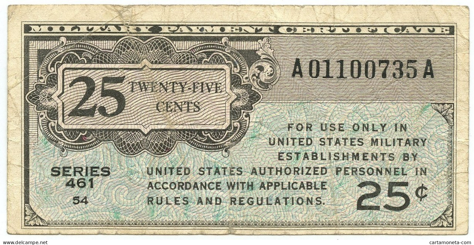 25 CENTS MILITARY PAYMENT CERTIFICATE UNITED STATES 17/09/1946 QBB - Allied Occupation WWII