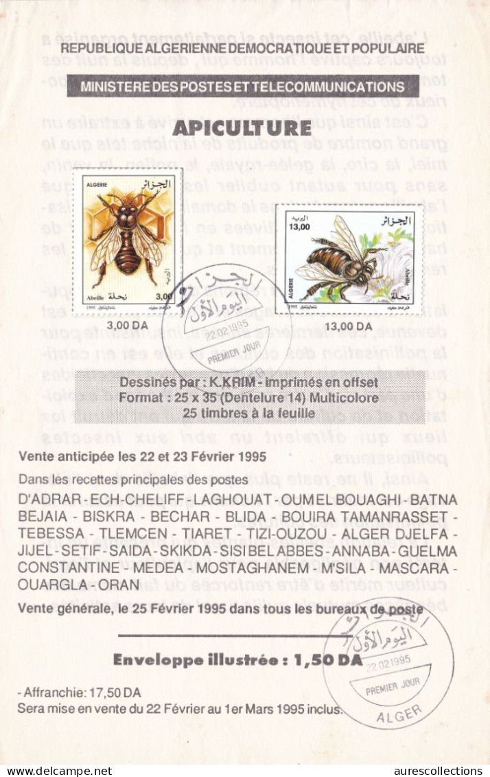 ALGERIA ALGERIE - 1995 APICULTURE BEE BEES ABEILLES - OFFICIAL PHILATELIC BROCHURE NOTICE FOLDER - FDC DOCUMENT - RARE - Abeilles