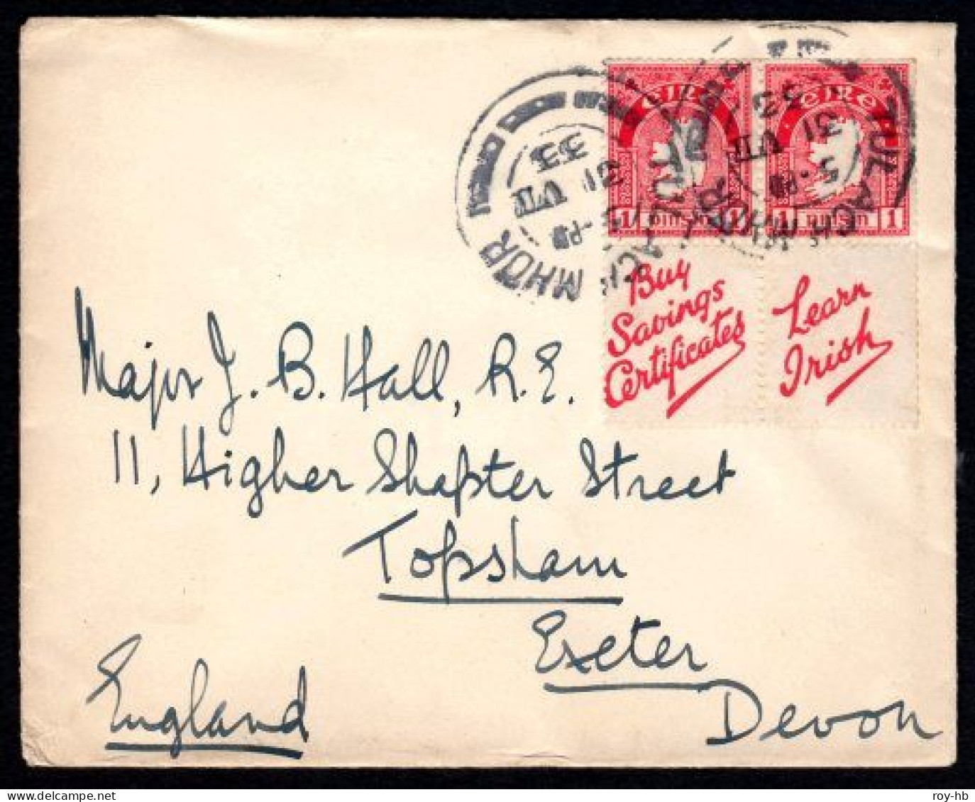 1931 1d Pair Attached To Labels Buy Savings Certificates And Learn Irish, Watermark Upright, Used On Cover To Essex - Lettres & Documents