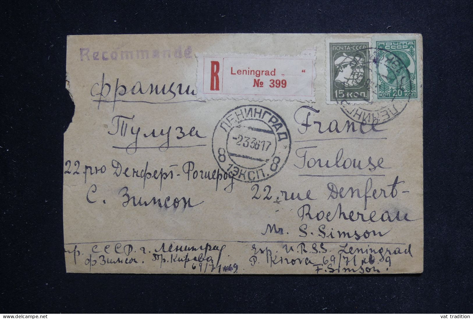 RUSSIE - Enveloppe En Recommandé De Moscou Pour Toulouse En 1936 - L 144444 - Briefe U. Dokumente