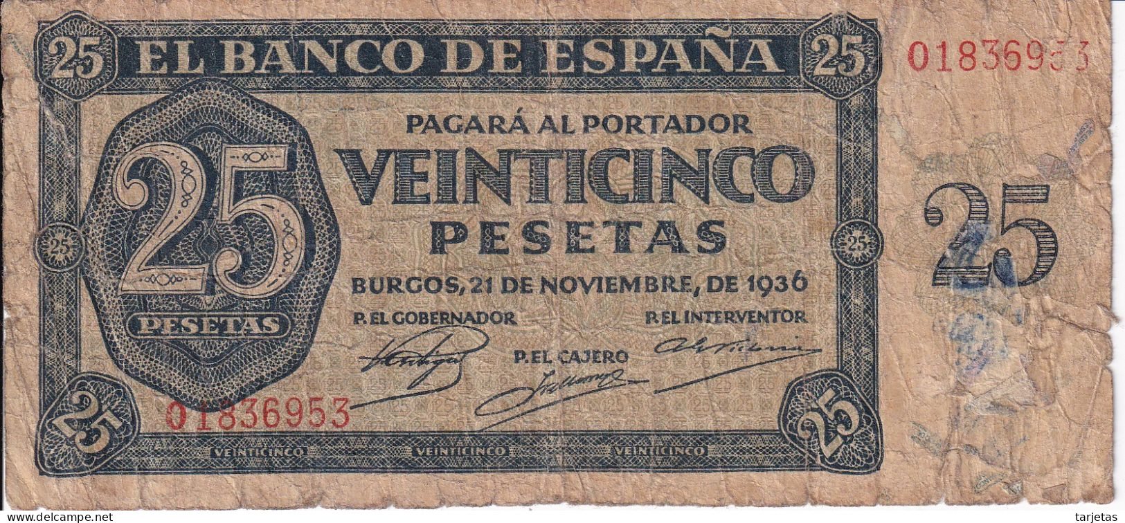 BILLETE DE ESPAÑA DE 25 PTAS DEL 21/11/1936 SERIE O CALIDAD  RC (BANKNOTE) - 25 Pesetas