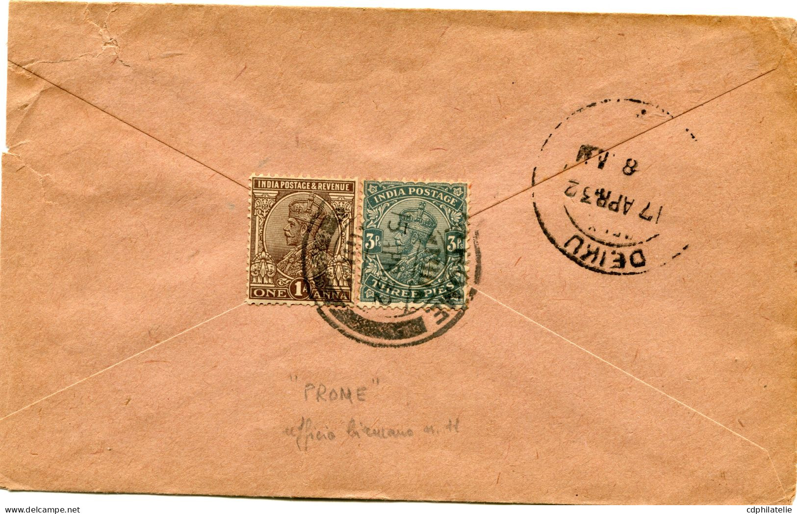 BIRMANIE LETTRE AVEC AFFRANCHISSEMENT AU DOS DEPART PROME 15 APR 32 ARRIVEE DEIKU 17 APR 32 - Burma (...-1947)