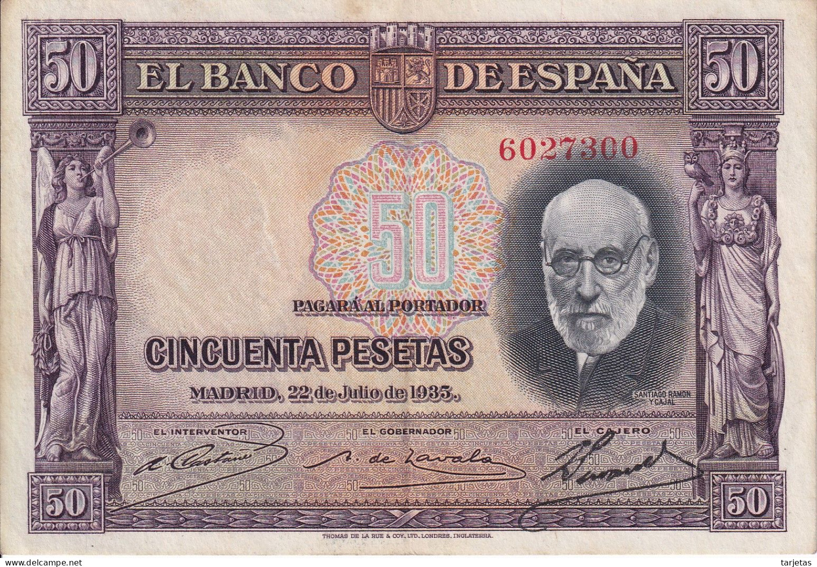 BILLETE DE ESPAÑA DE 50 PTAS DEL AÑO 1935 EN CALIDAD EBC (XF) SANTIAGO RAMON Y CAJAL - 50 Pesetas