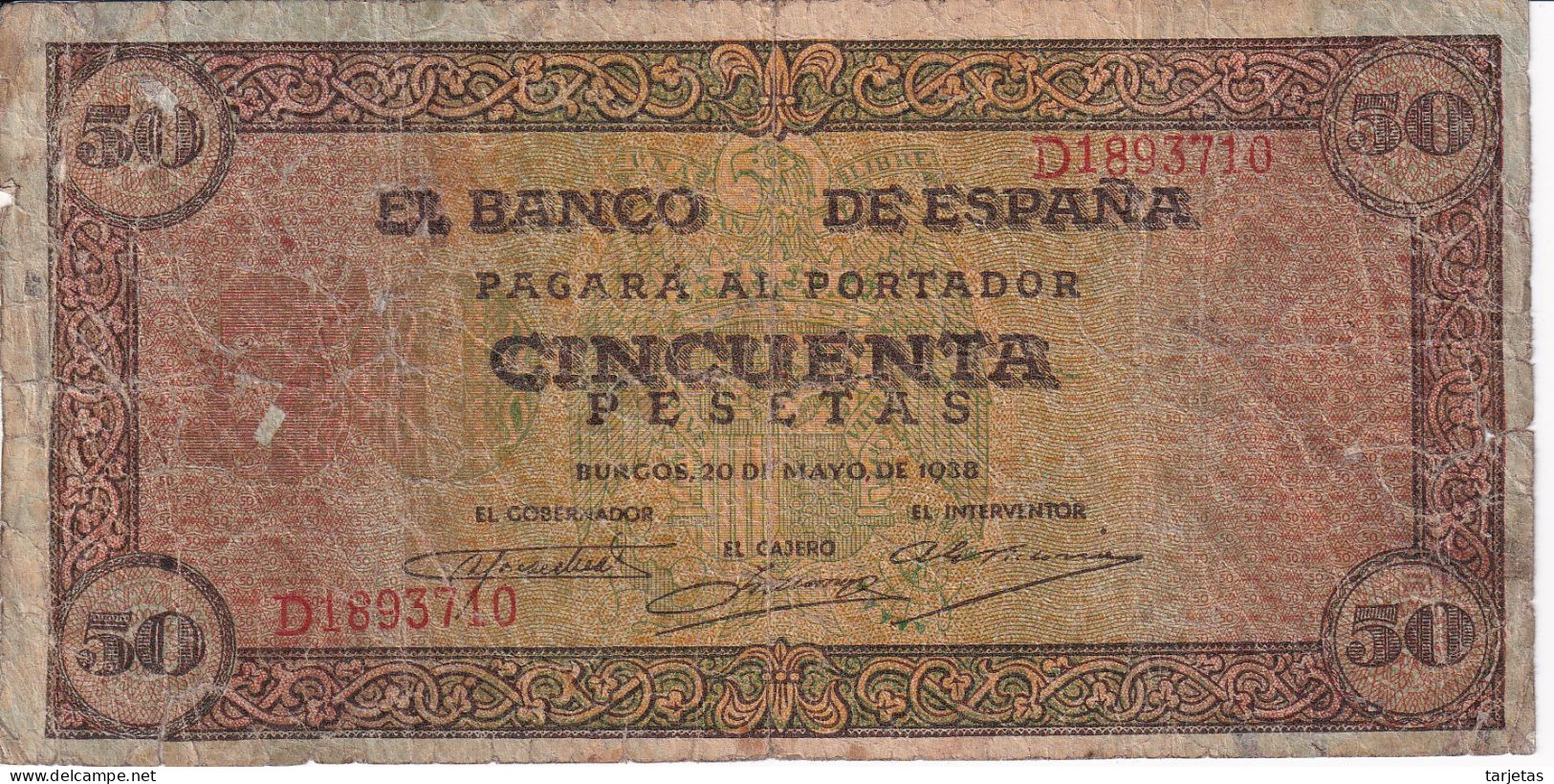 BILLETE DE ESPAÑA DE 50 PTAS DEL 20/05/1938 SERIE D (BANKNOTE) (CON ROTURA LADO DERECHO - 50 Peseten