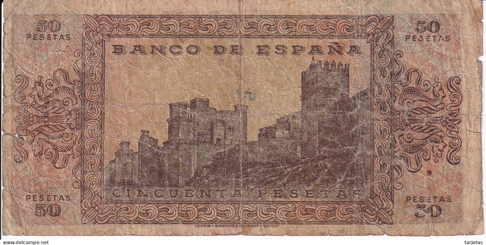 BILLETE DE ESPAÑA DE 50 PTAS DEL 20/05/1938 SERIE D (BANKNOTE) (CON ROTURA LADO DERECHO - 50 Peseten