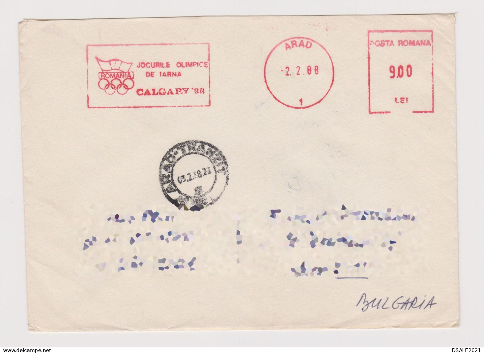 Romania Rumänien 1988 Cover W/Topic Stamp, Sport Calgary 1988 Winter Olympics EMA METER Postmark, Sent To Bulgaria 66360 - Máquinas Franqueo (EMA)