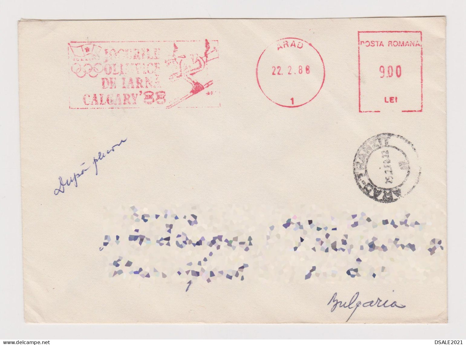 Romania Rumänien 1988 Cover W/Topic Stamp, Sport Calgary 1988 Winter Olympics EMA METER Postmark Skiing, Abroad (66358) - Maschinenstempel (EMA)