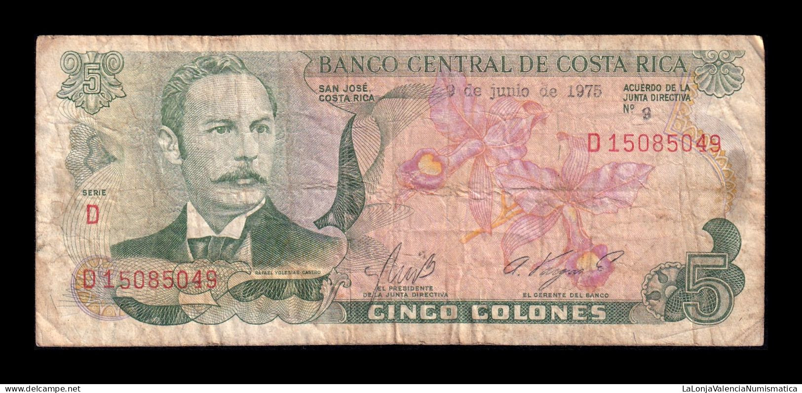 Costa Rica 5 Colones Rafael Yglesias Castro 1975 Pick 236c Bc F - Costa Rica