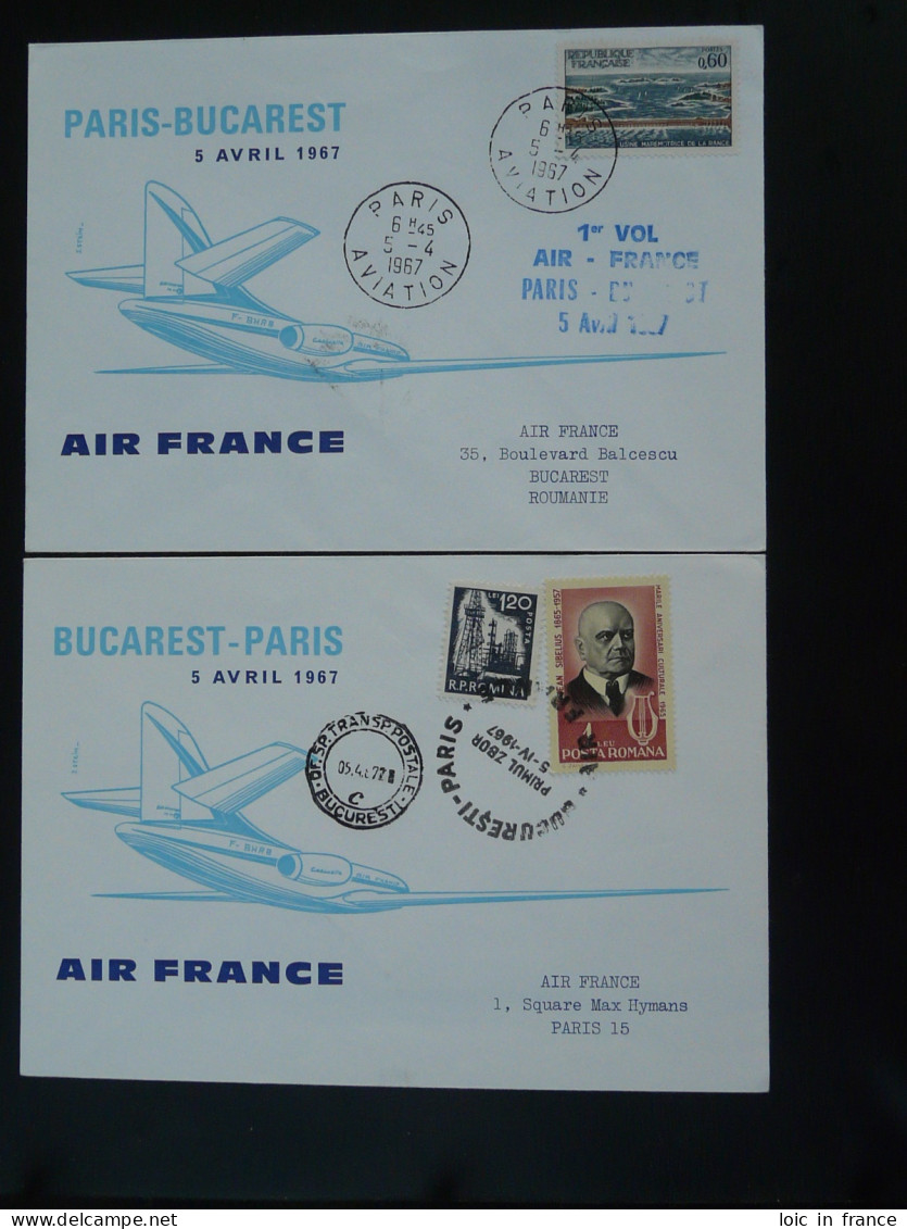 Lettre Premier Vol First Flight Cover (x2) Paris Bucharest Caravelle Air France 1967 - Storia Postale