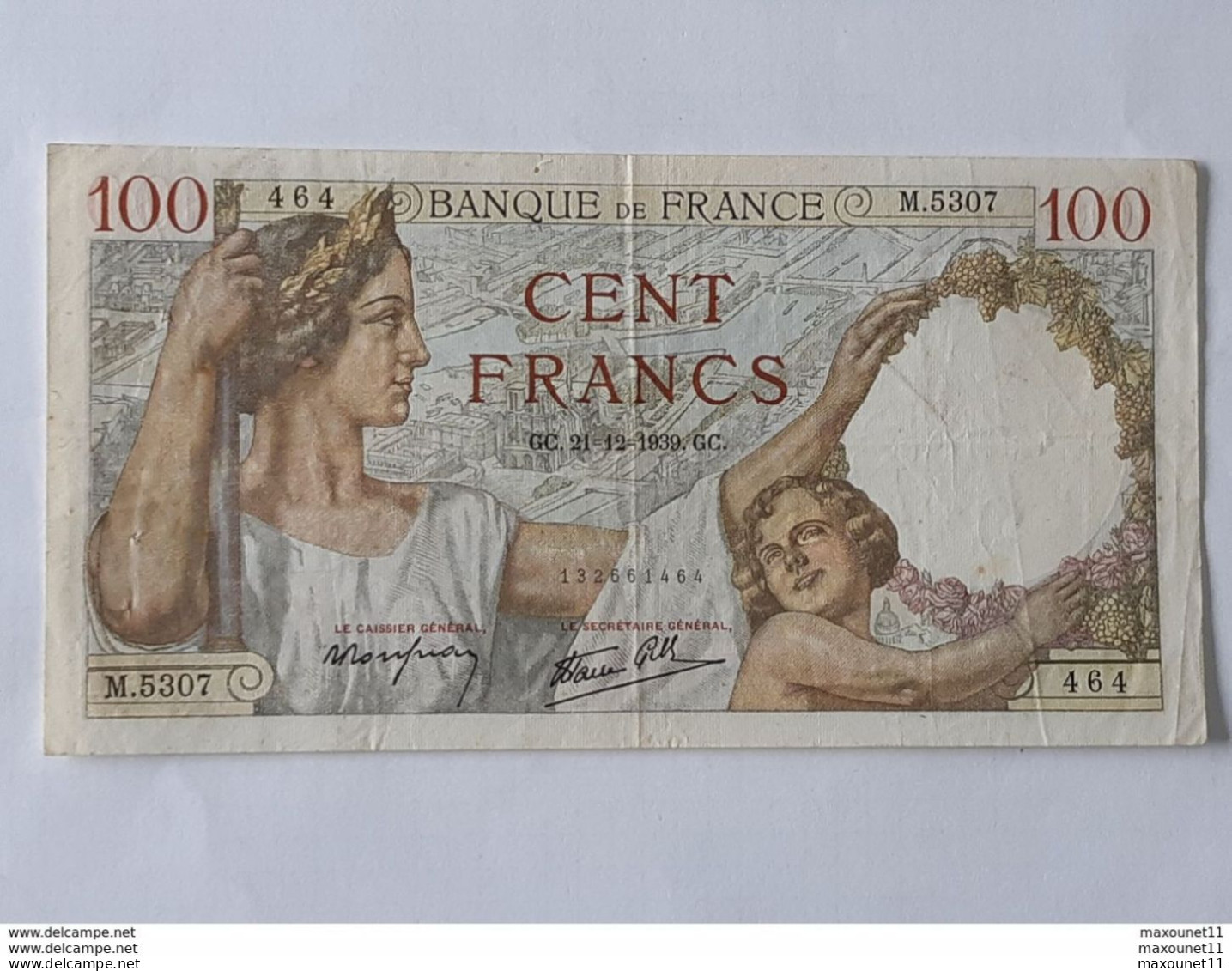 100 Francs Sully Type 1939 - 21/12/1939 . Alphabet M.5307 - 464 .Pas D'epinglage . TB état . - 100 F 1939-1942 ''Sully''