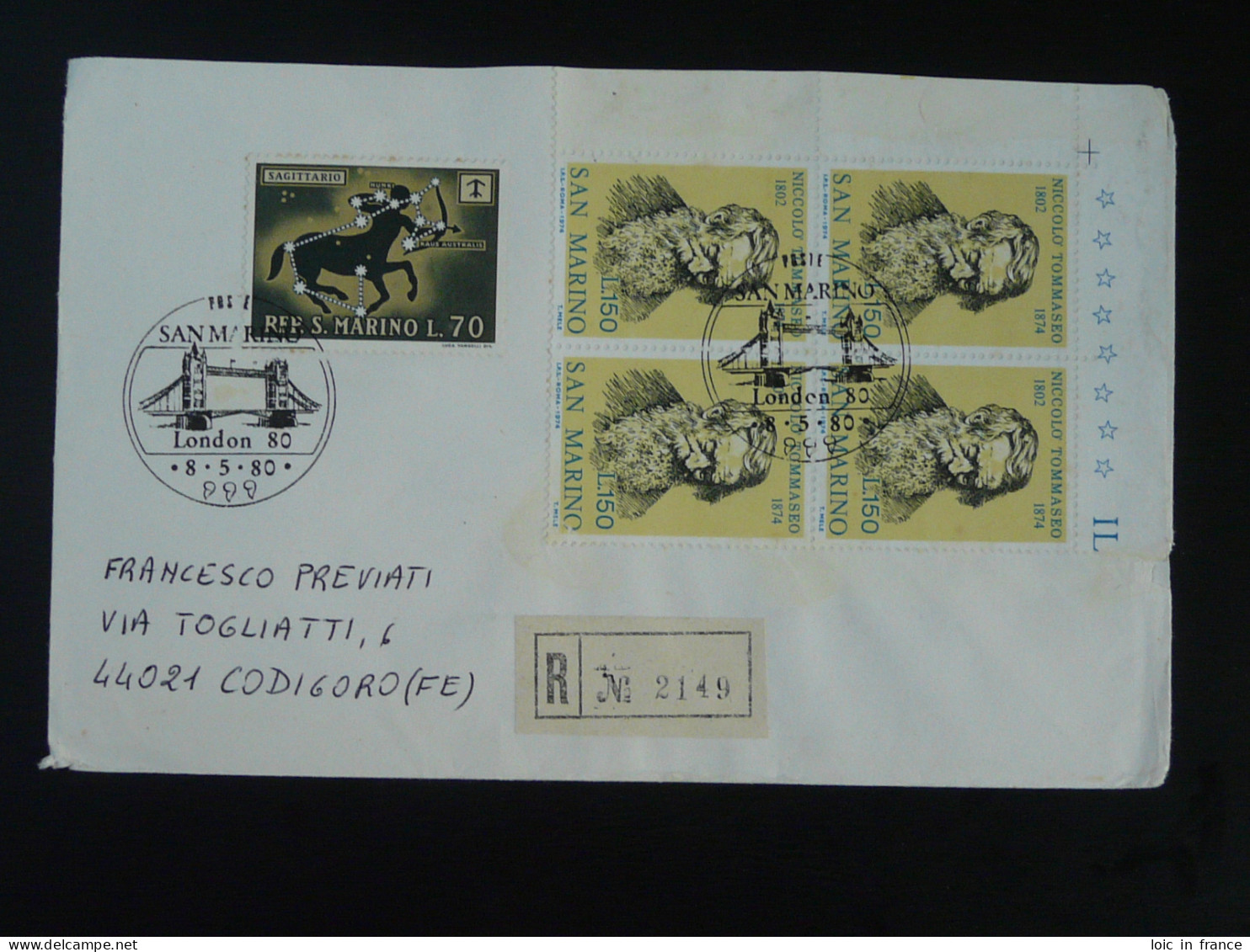 Lettre Recommandée Registered Cover Bloc De 4 Niccolo Tommaseo San Marino London 1980 - Lettres & Documents