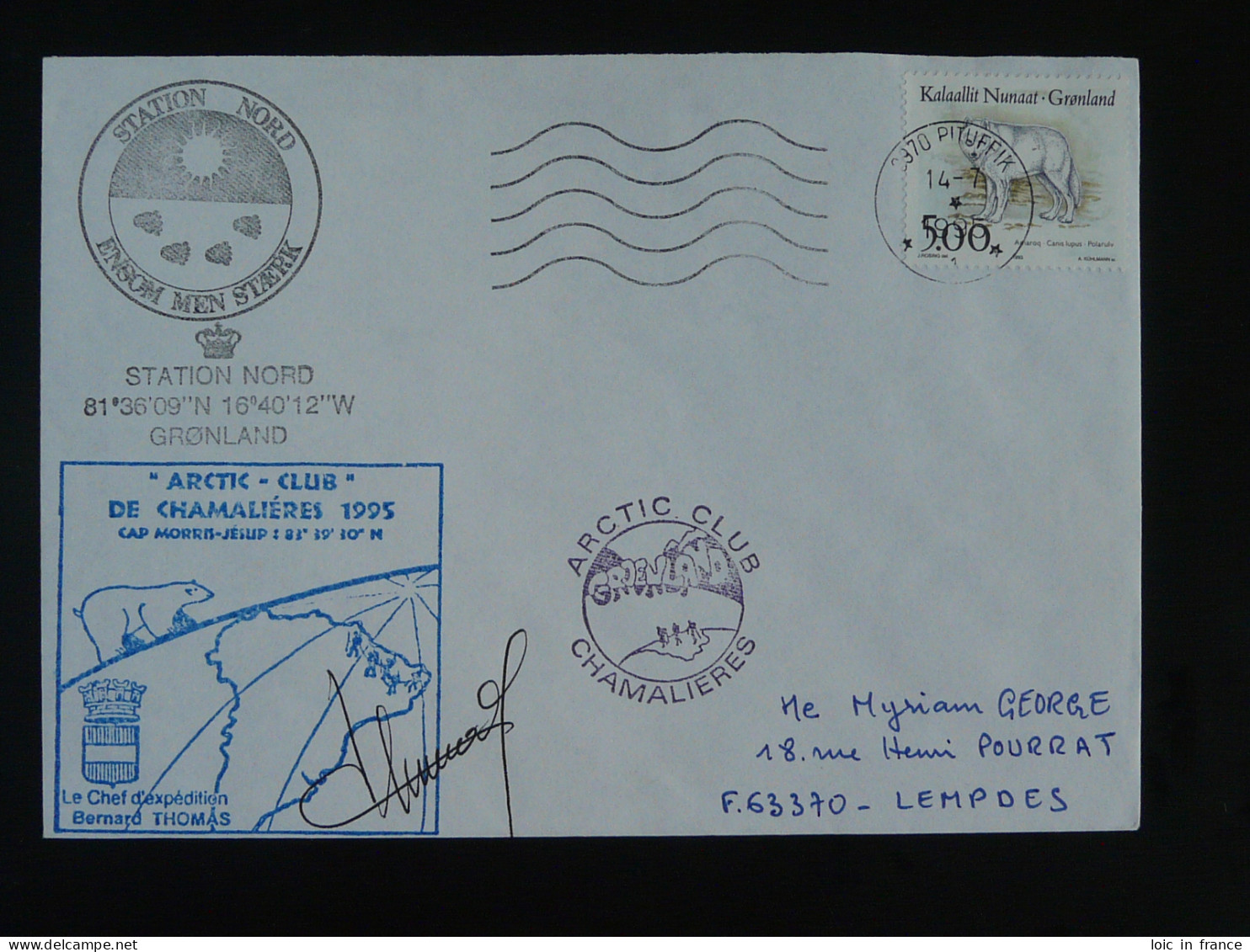 Lettre Cover Expedition Chamalières Arctic Club Groenland Greenland 1995 - Covers & Documents