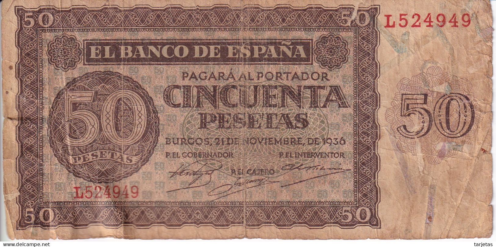 BILLETE DE BURGOS DE 50 PTAS DEL 21/11/1936 SERIE L  (BANKNOTE) - 50 Pesetas
