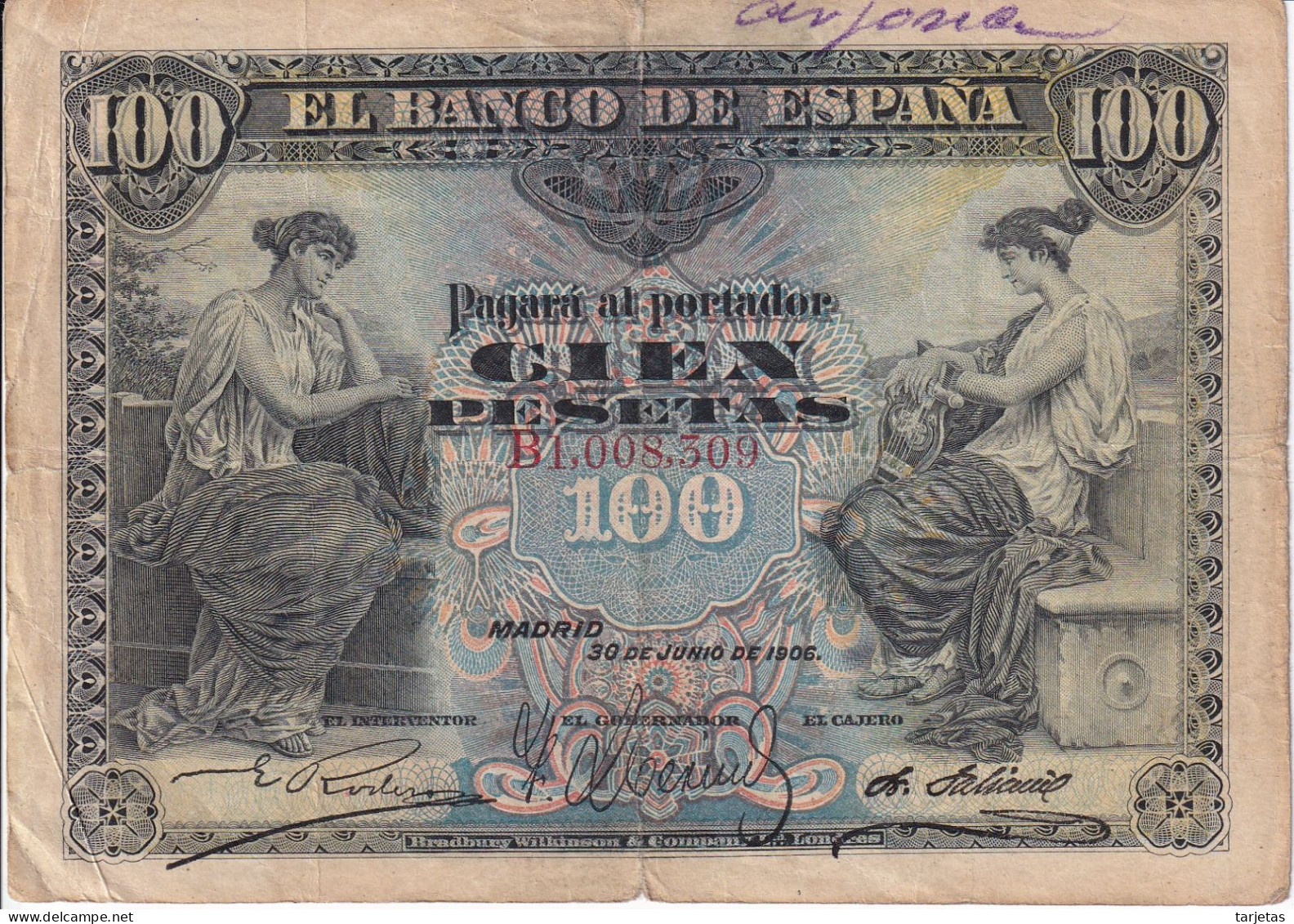 BILLETE CLASICO DE 100 PTAS DEL AÑO 1906 SERIE B (BANKNOTE) - 100 Peseten