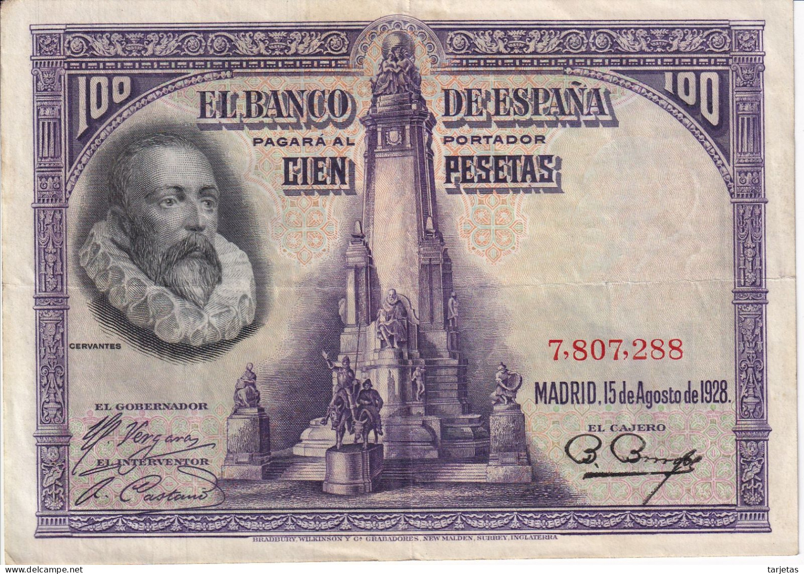 BILLETE DE 100 PTAS DEL AÑO 1928 SIN SERIE  (BANKNOTE) CERVANTES - 100 Pesetas