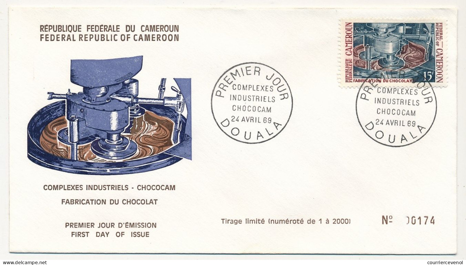 Cameroun => 3 Env FDC => 3 Valeurs Complexes Industriels Chococam - 24 Avril 1969 - Douala - Camerun (1960-...)