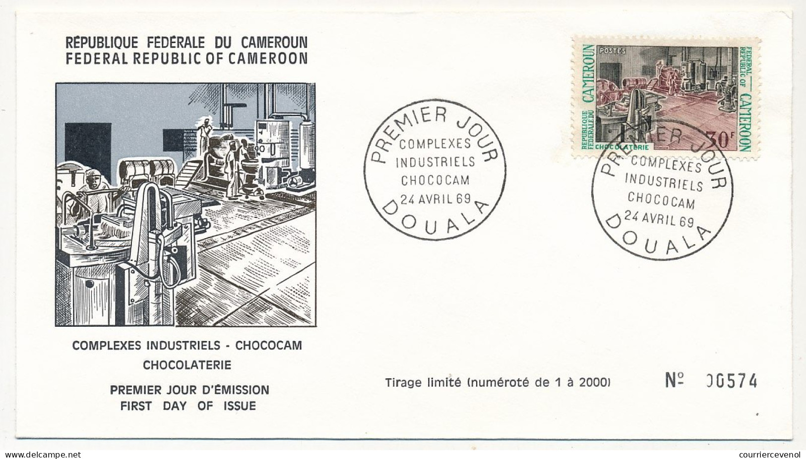 Cameroun => 3 Env FDC => 3 Valeurs Complexes Industriels Chococam - 24 Avril 1969 - Douala - Camerún (1960-...)