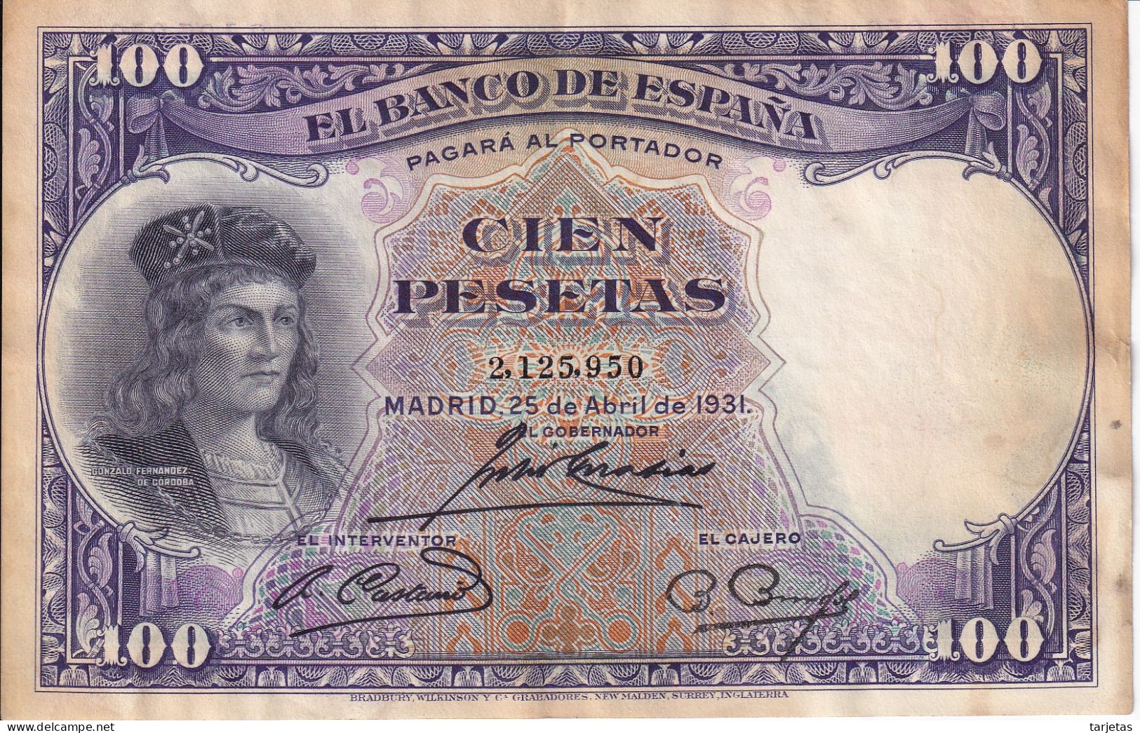 BILLETE DE ESPAÑA DE 100 PTAS DEL AÑO 1931 SIN SERIE  (BANKNOTE) EL GRAN CAPITAN - 100 Peseten