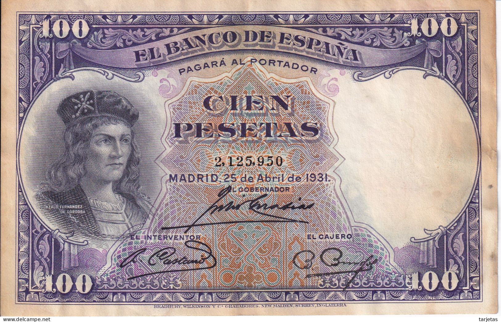 BILLETE DE ESPAÑA DE 100 PTAS DEL AÑO 1931 SIN SERIE  (BANKNOTE) EL GRAN CAPITAN - 100 Pesetas