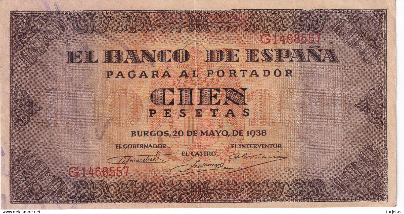 BILLETE DE ESPAÑA DE 100 PTAS 20/05/1938 SERIE G EN CALIDAD EBC (XF) (BANK NOTE) - 100 Peseten