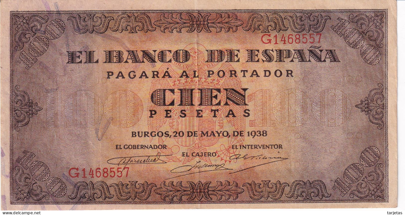 BILLETE DE ESPAÑA DE 100 PTAS 20/05/1938 SERIE G EN CALIDAD EBC (XF) (BANK NOTE) - 100 Pesetas